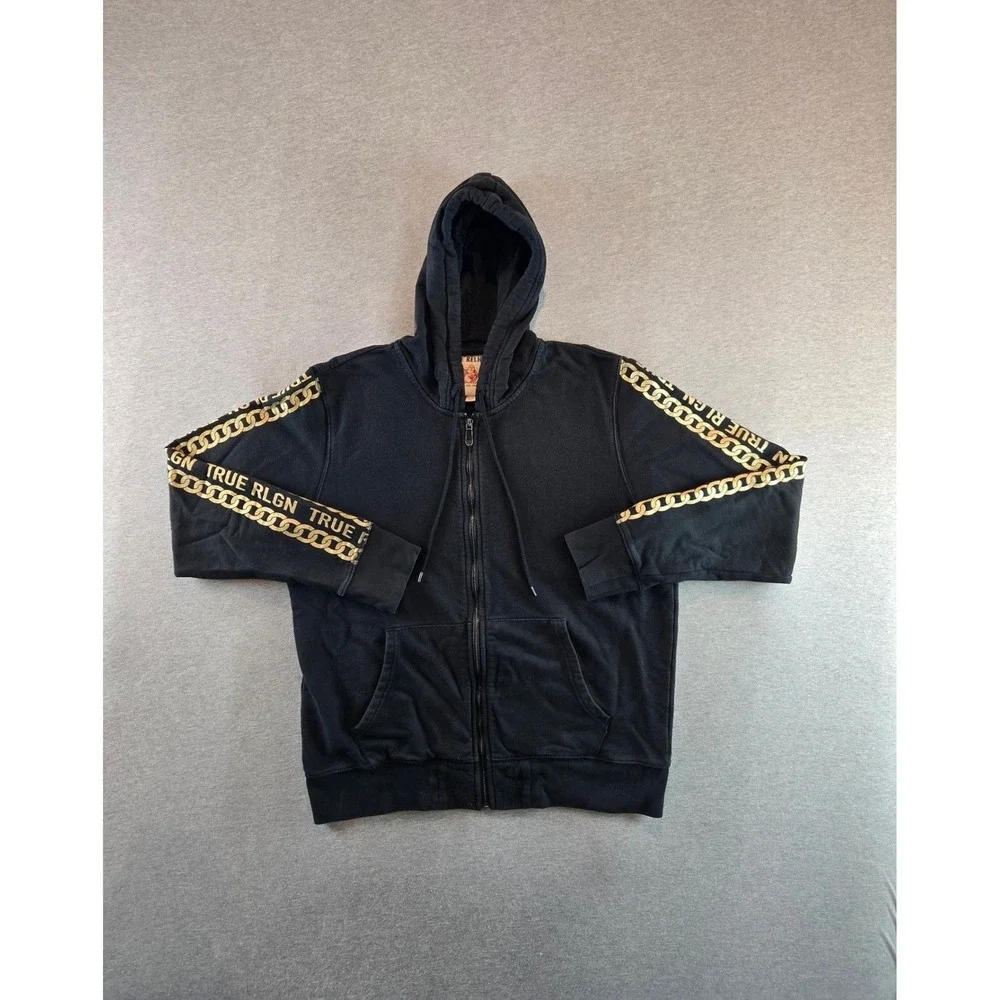 True Religion Zip Hoodie Mens XL Black Gold Chain Graphic Sleeve Logo Sweatshirt